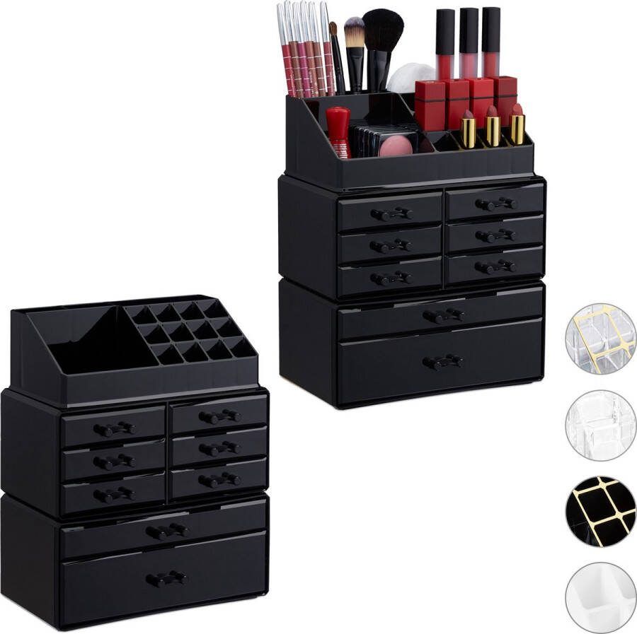 Relaxdays 2x make-up organizer zwart cosmetica acryl stapelbaar met lades