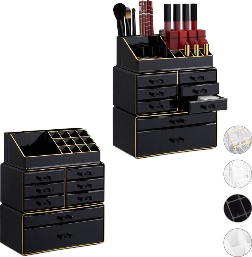 Relaxdays 2x make-up organizer zwart-goud cosmetica acryl stapelbaar 16 vakjes