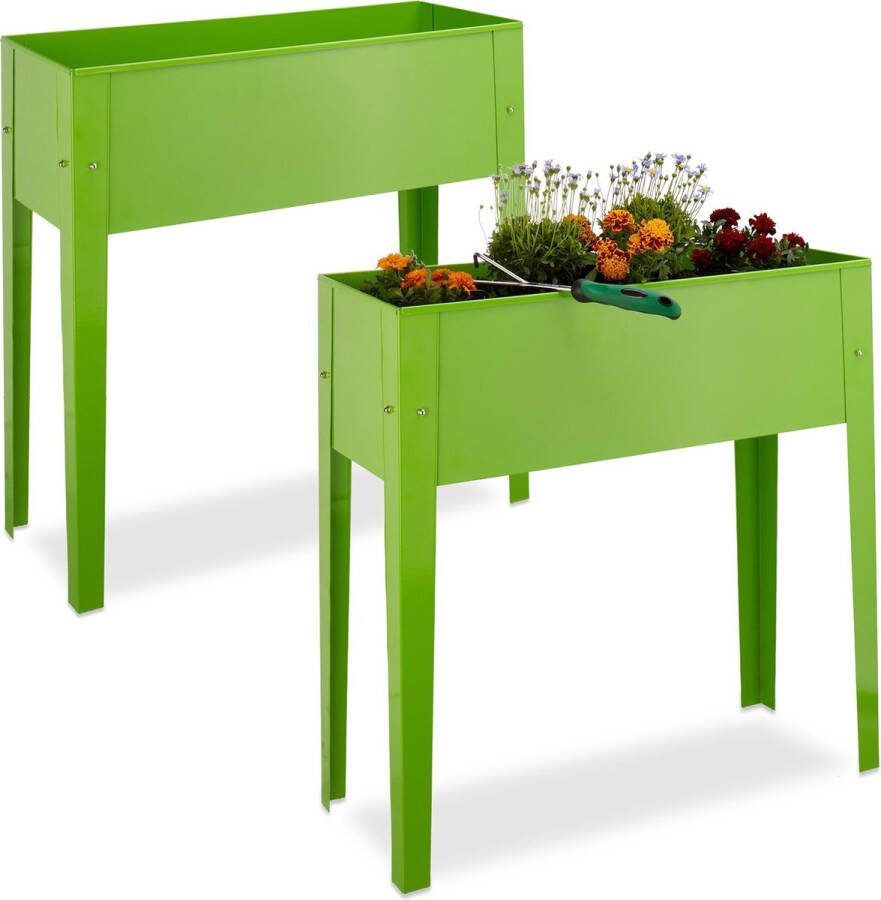Relaxdays 2x moestuinbak met poten moestuintafel metaal smalle kweektafel groen balkon