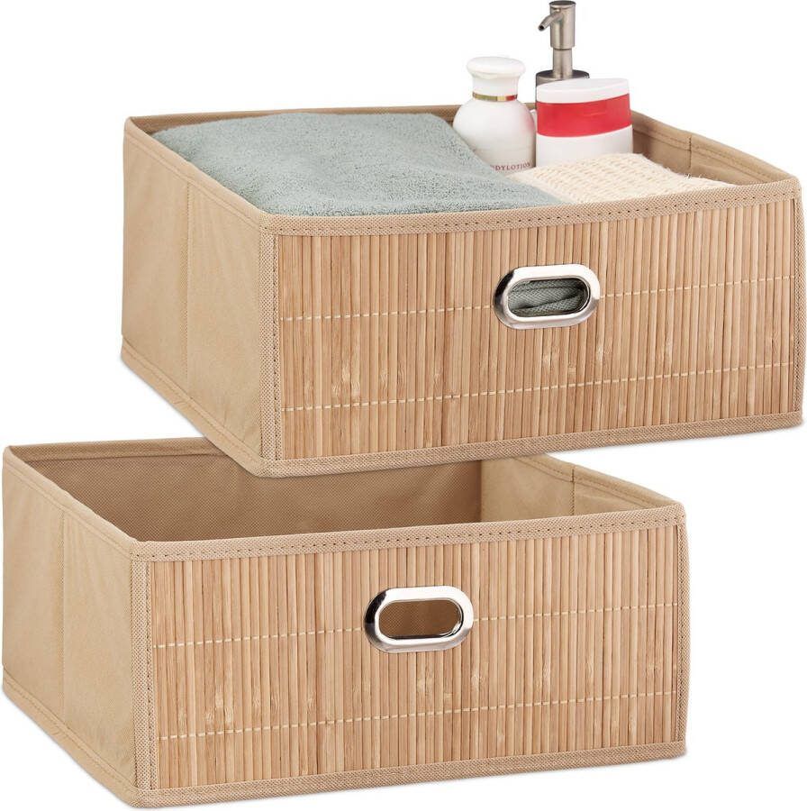 Relaxdays 2x opbergmand badkamer bamboe mand kast organizer opbergdoos stof natuur