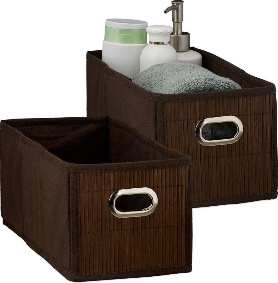 Relaxdays 2x opbergmand bamboe badkamer mand stoffen opbergbox mandje stof bruin