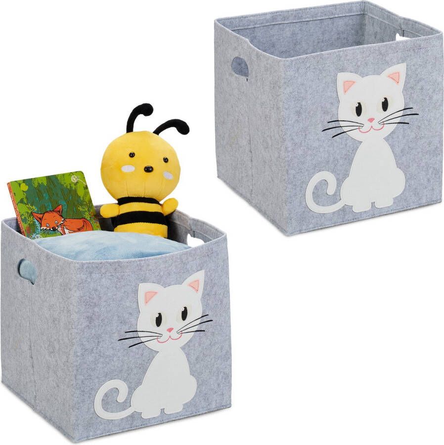 Relaxdays 2x opbergmand kinderkamer vilten speelgoedmand kat opbergbox speelgoed