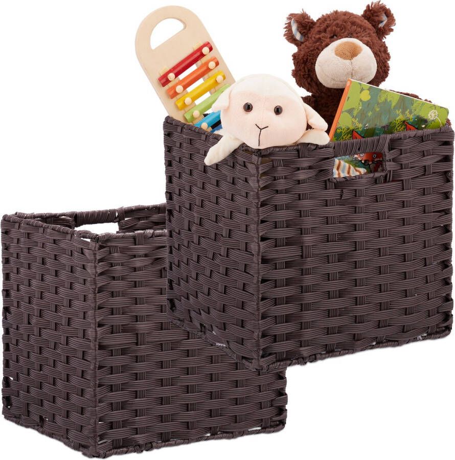 Relaxdays 2x opbergmand kunststof opvouwbaar gevlochten mand 31x32x30 cm bruin