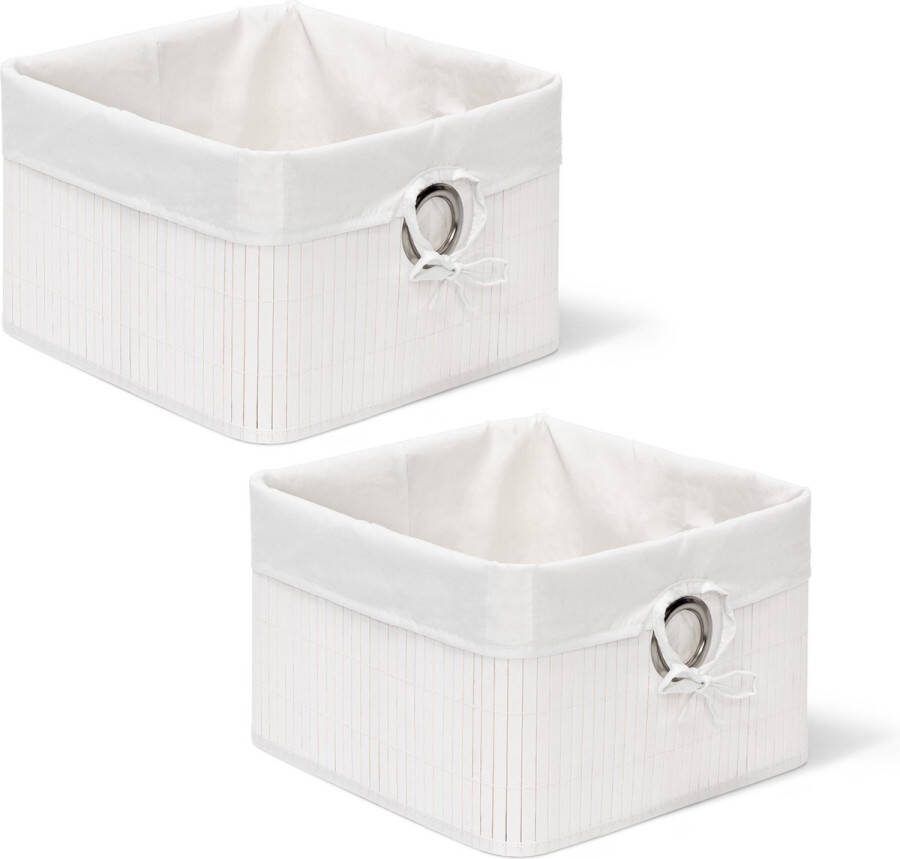 Relaxdays 2x opbergmand wit bamboe mand met stof opbergbox voor in kast