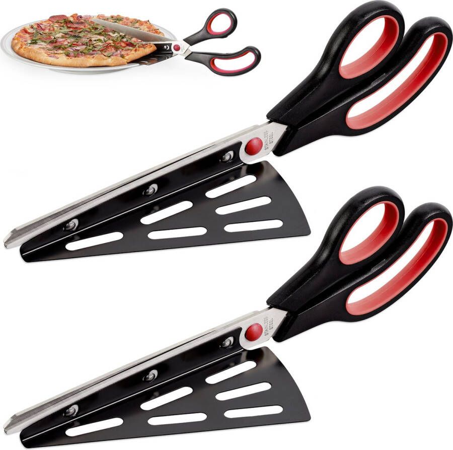 Relaxdays 2x pizzaschaar met schep zwart-rood pizzasnijder keukenschaar ergonomisch