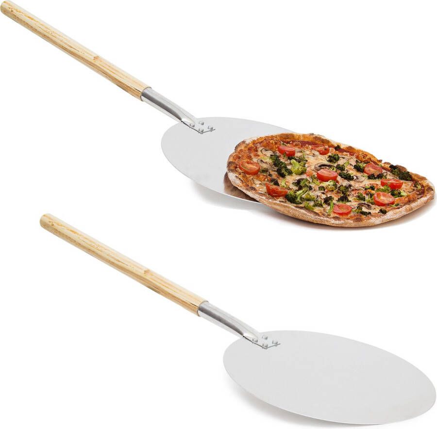 Relaxdays 2x pizzaschep rond aluminium pizzaspatel broodschep hout pizza schep