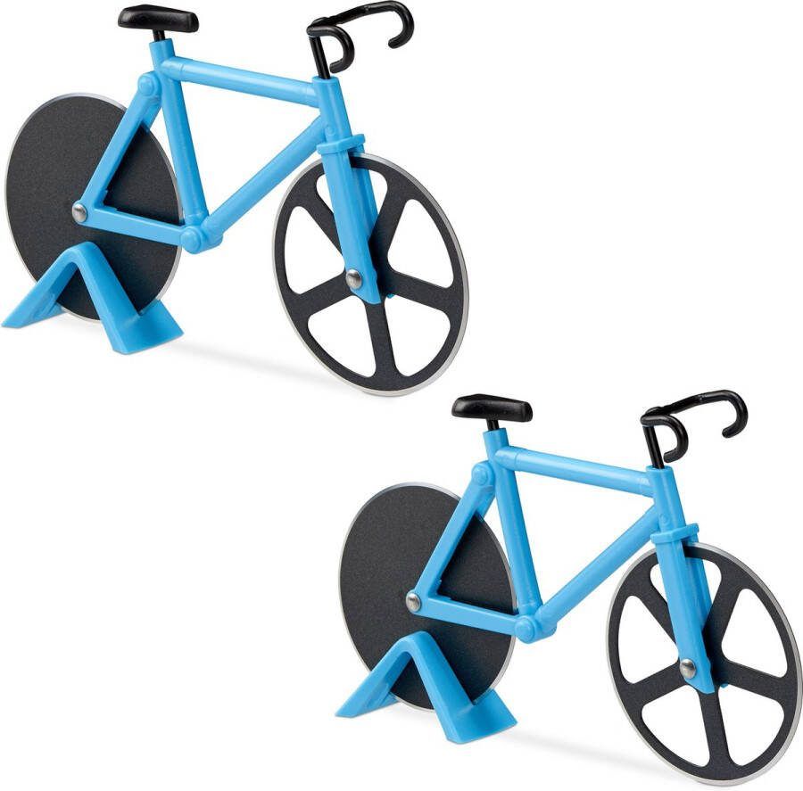 Relaxdays 2x pizzasnijder fiets pizzames racefiets pizzaroller deegroller blauw