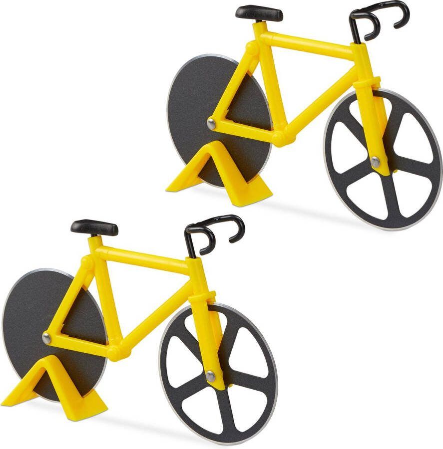 Relaxdays 2x pizzasnijder fiets pizzames racefiets pizzaroller geel- deegroller