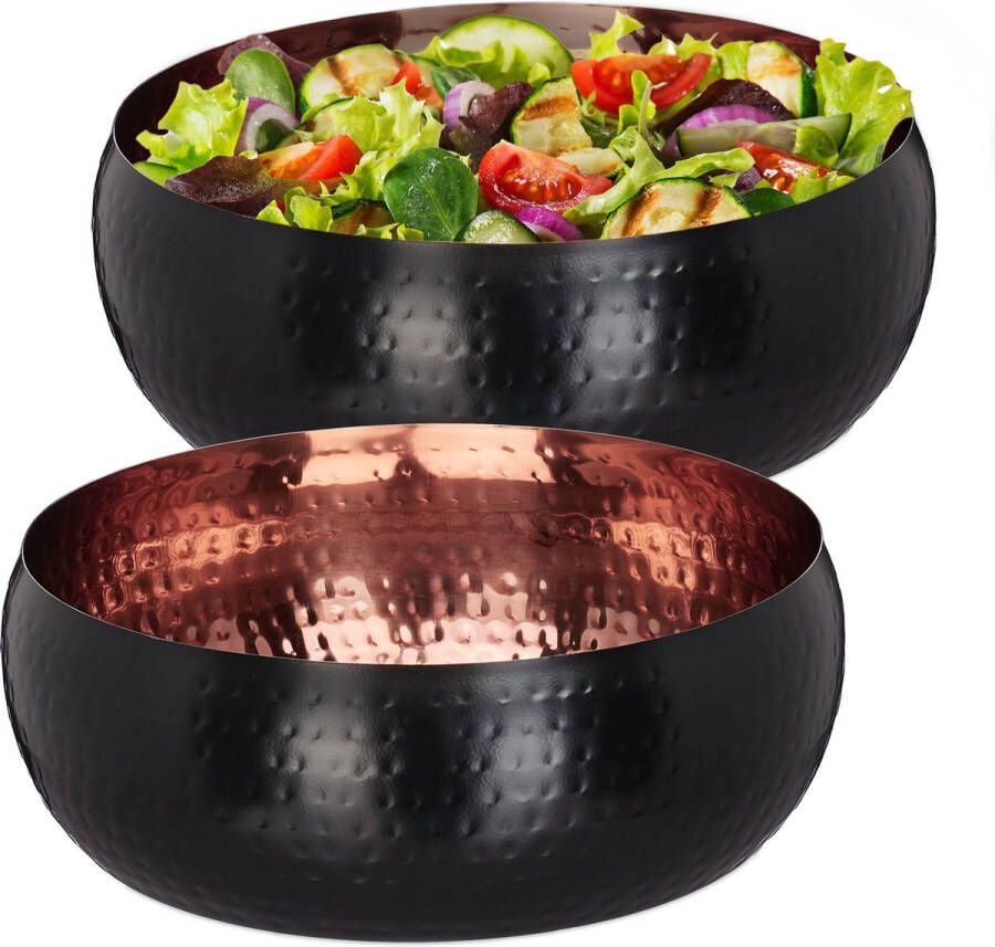Relaxdays 2x saladeschaal rvs saladekom 10 x 25 cm gehamerde look serveerschaal