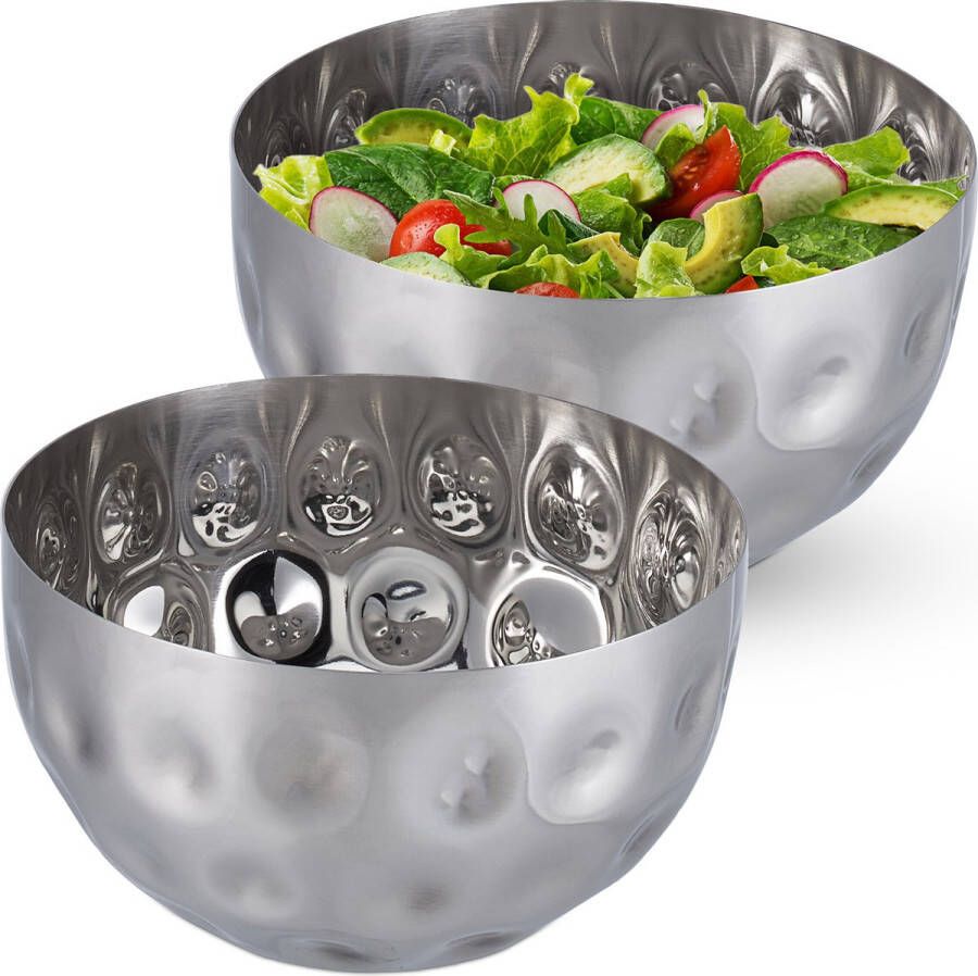 Relaxdays 2x saladeschaal zilver Ø 15 cm saladekom rvs serveerkom metalen schaal
