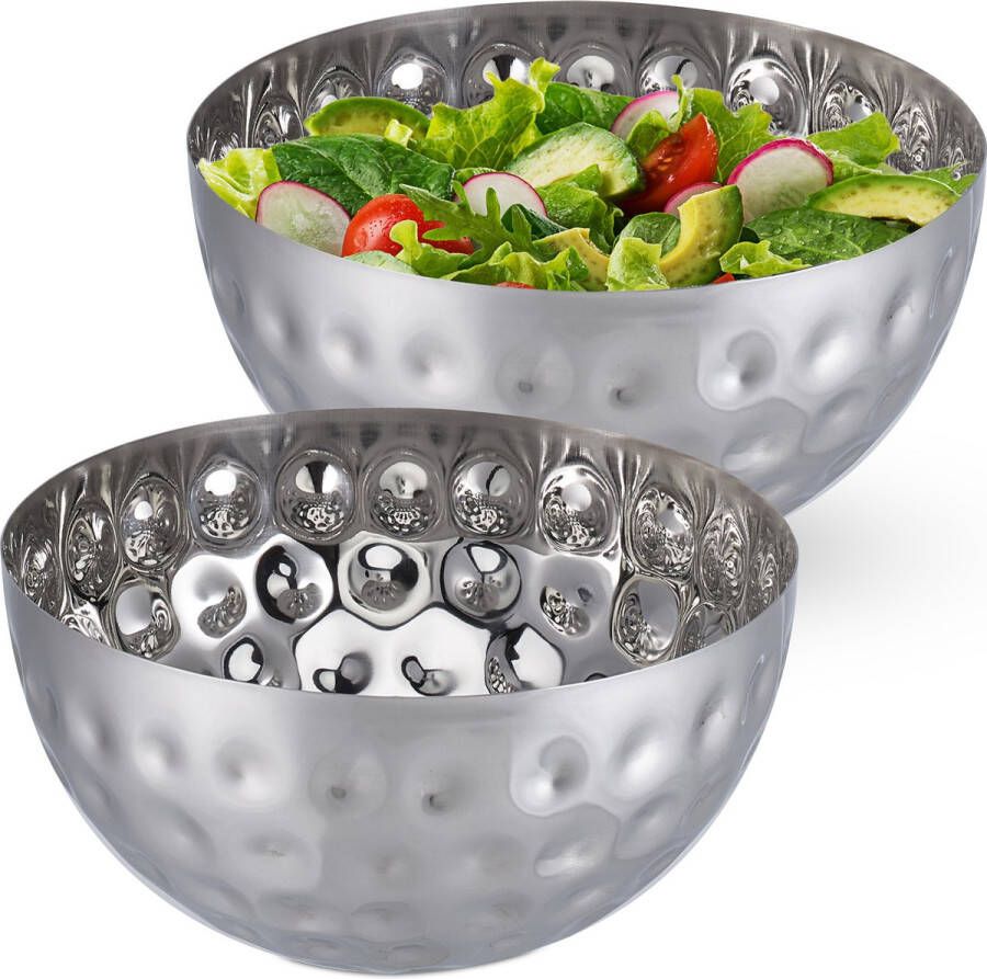 Relaxdays 2x saladeschaal zilver Ø 25 cm saladekom rvs serveerkom metalen schaal