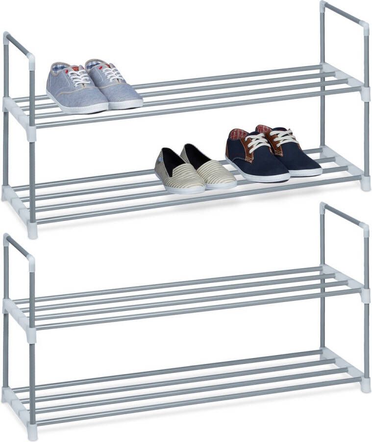 Relaxdays 2x schoenenrek metaal 2 etages open schoenenkast zilver opbergrek schoenen