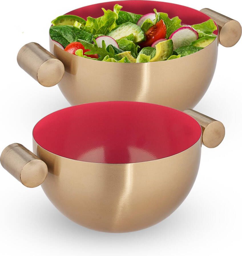 Relaxdays 2x serveerkom rvs saladeschaal hoog mengkom goud metalen schaal 1 liter