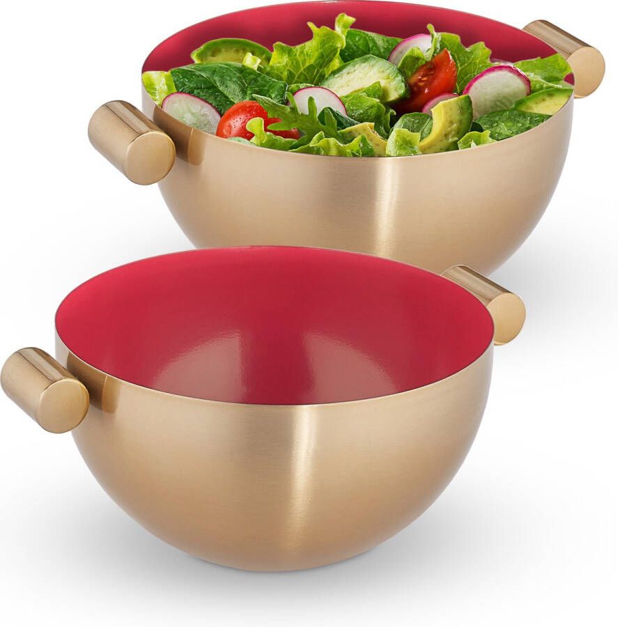 Relaxdays 2x serveerkom rvs saladeschaal hoog mengkom goud metalen schaal 2 liter