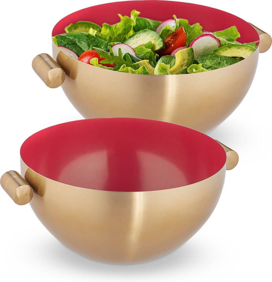 Relaxdays 2x serveerkom rvs saladeschaal hoog mengkom goud metalen schaal 3 5 liter