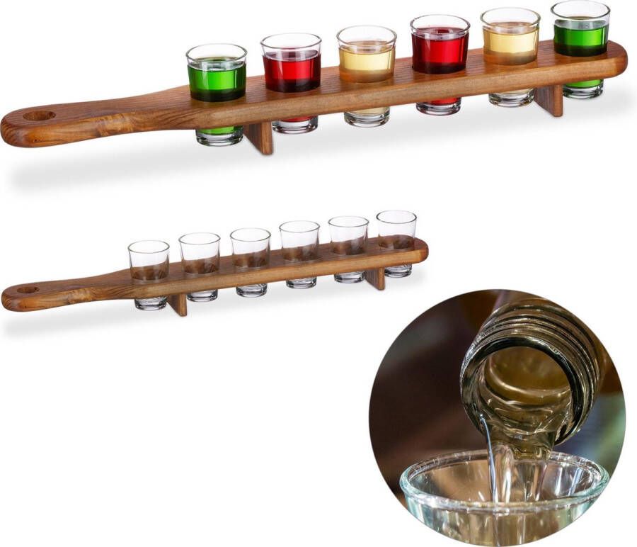 Relaxdays 2x shotglas set met plank serveerplank 12 glaasjes 4 cl shotglaasjes
