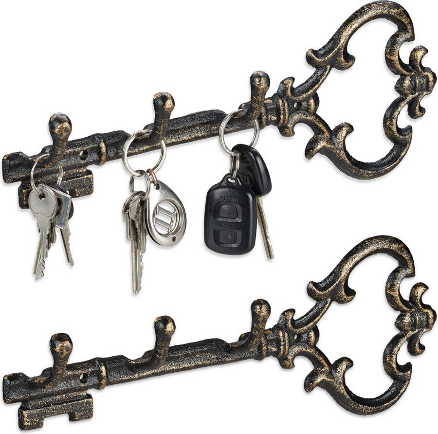 Relaxdays 2x sleutelrekje vintage sleutel organizer 3 haken- sleutelrek 3 haken brons
