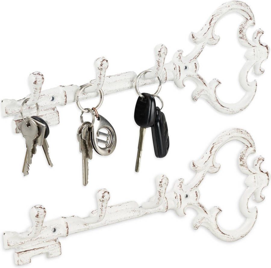 Relaxdays 2x sleutelrekje vintage sleutel organizer 3 haken- sleutelrek 3 haken wit