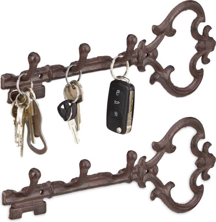 Relaxdays 2x sleutelrekje vintage sleutel organizer sleutelrek 3 haken ophanghaken