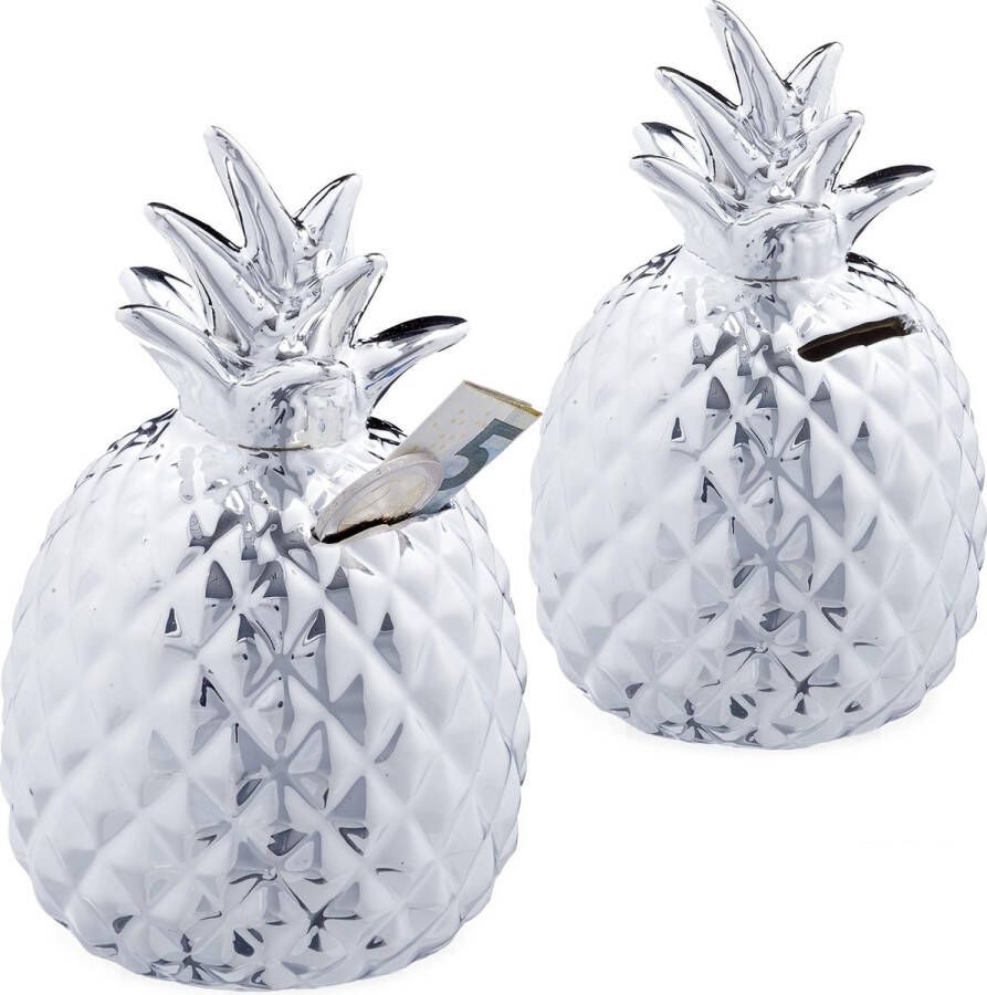 Relaxdays 2x spaarpot ananas spaarvarken zilver afsluitbare spaarpot met slot