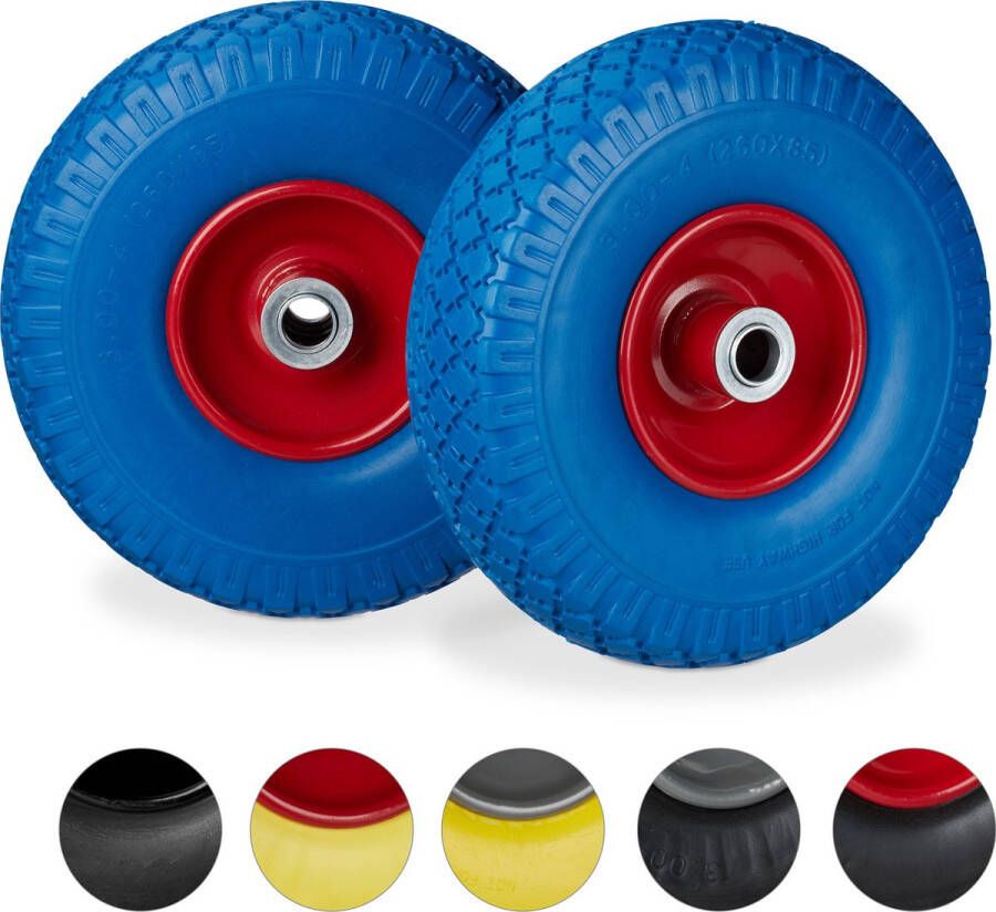 Relaxdays 2x steekwagenwiel blauw-rood rubberband bolderkar 100 kg stalen velg
