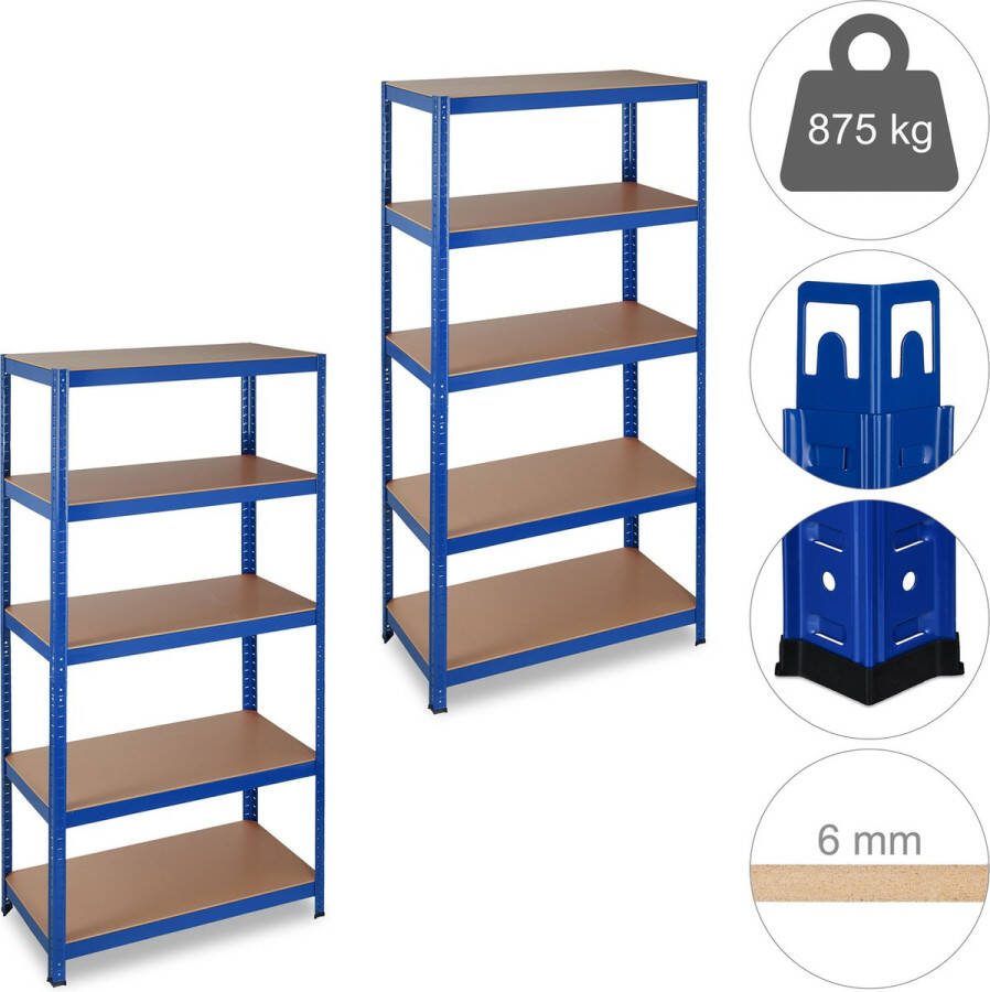 Relaxdays 2x stellingkast blauw opbergrek 5 etages rek voor garage metaal MDF