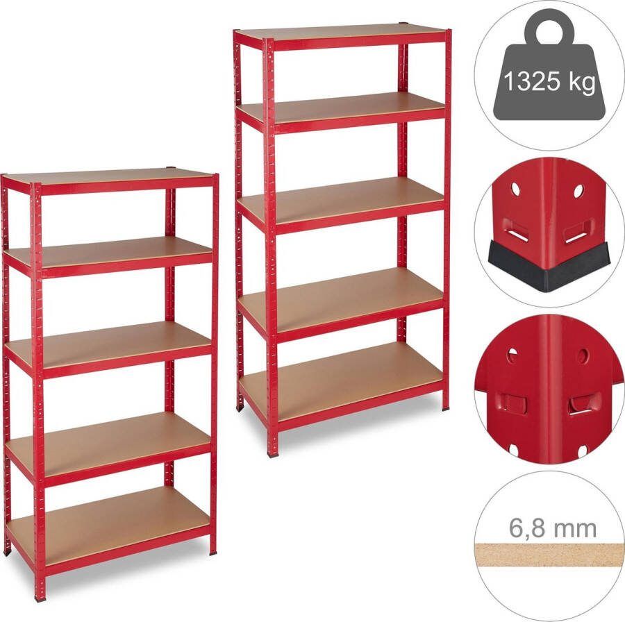Relaxdays 2x stellingkast rood opbergrek garage magazijnrek tot 1325 kg
