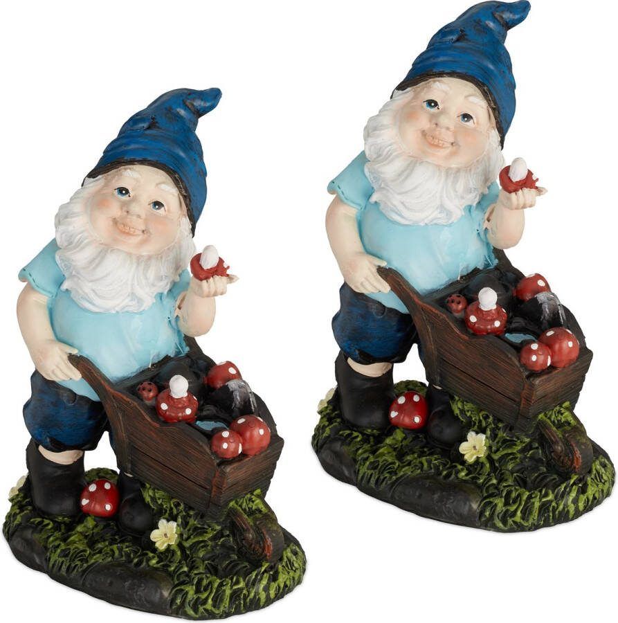 Relaxdays 2x tuinkabouter met kruiwagen tuinbeeld kabouter decoratie tuin vorstvast