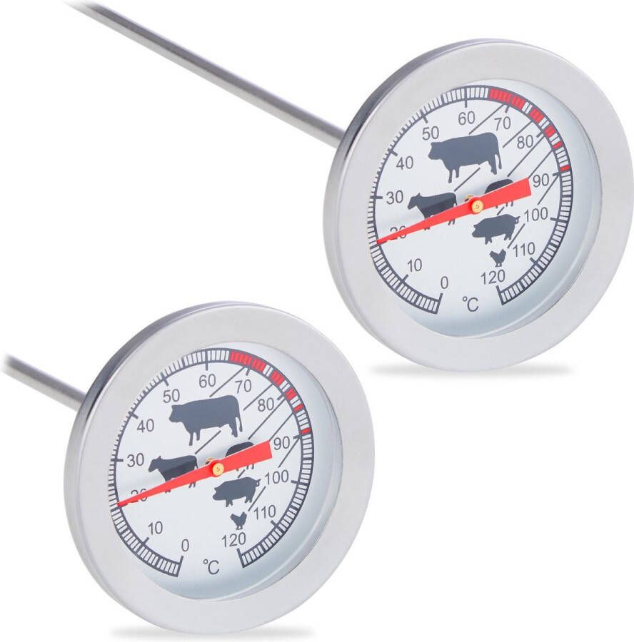 Relaxdays 2x vleesthermometer analoog bbq thermometer rvs braadthermometer barbecue