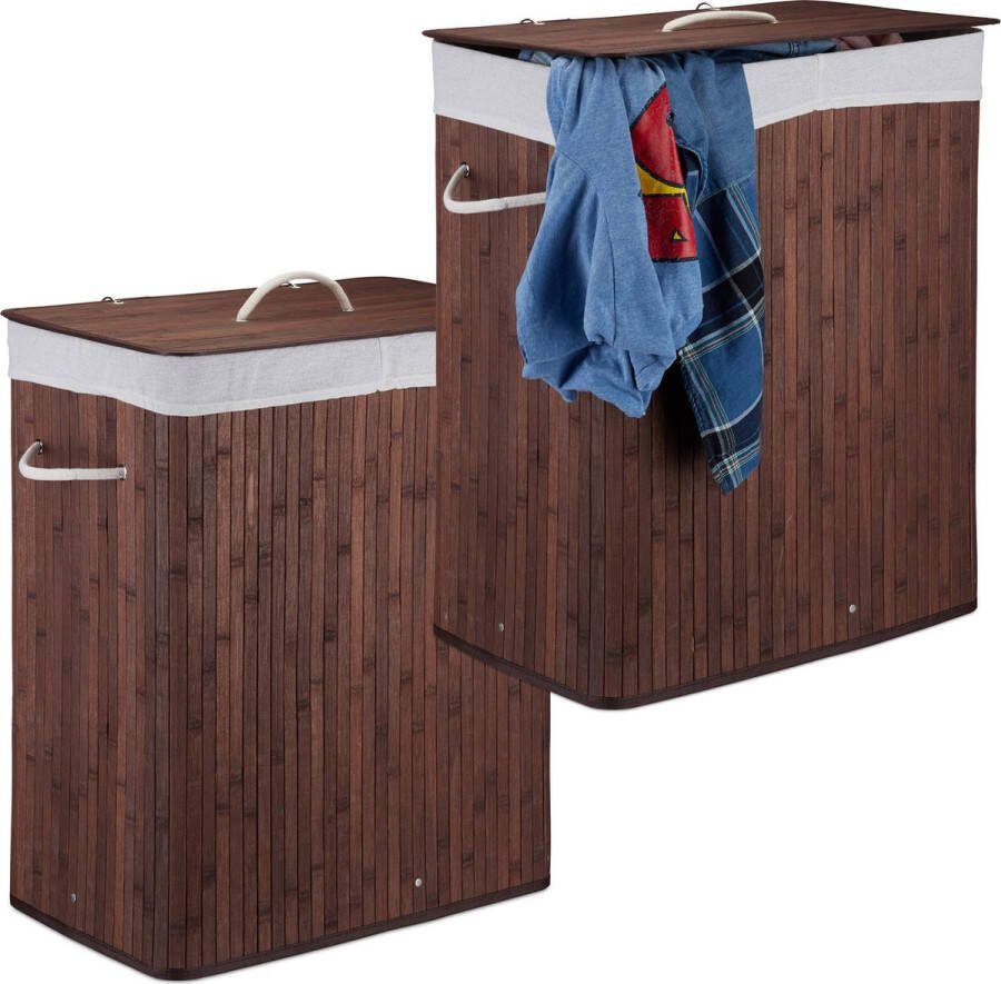 Relaxdays 2x wasmand 2 vakken bamboe wasbox 95 liter opvouwbaar met deksel