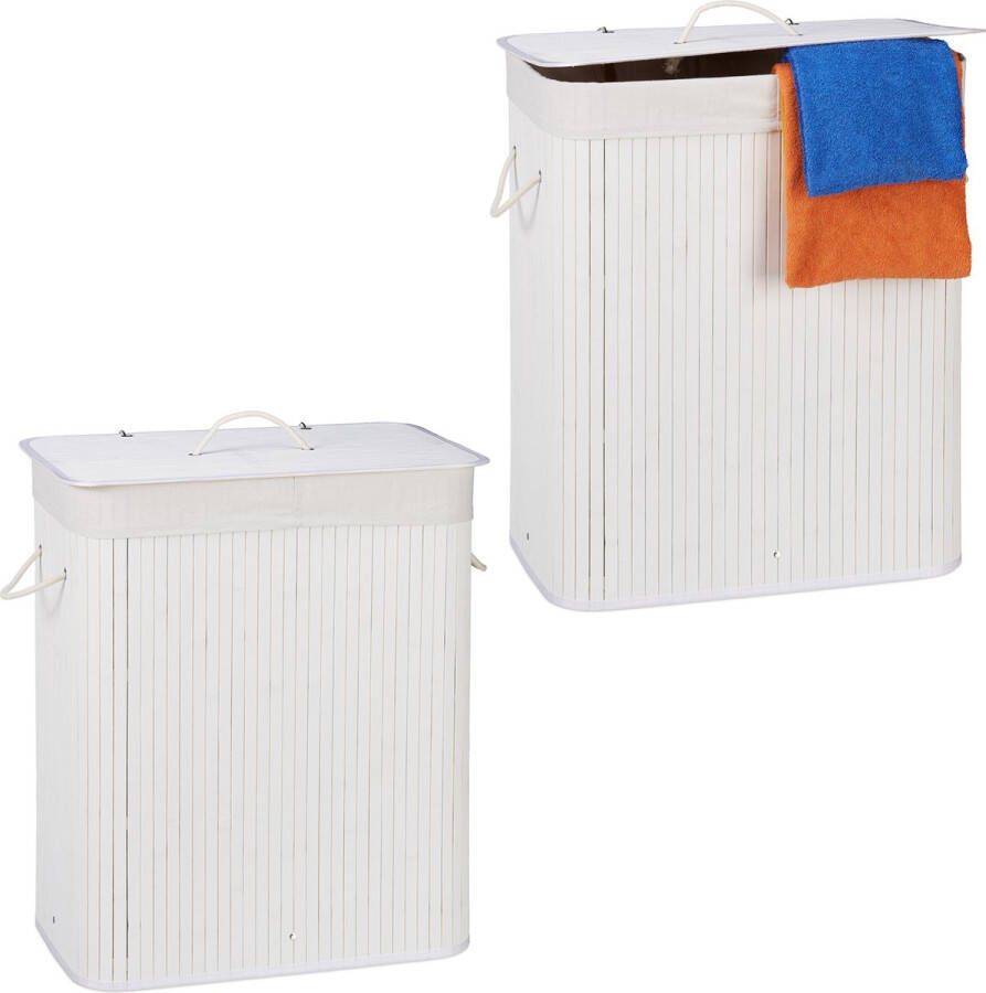 Relaxdays 2x wasmand 2 vakken bamboe wasbox wit 95 liter opvouwbaar met deksel