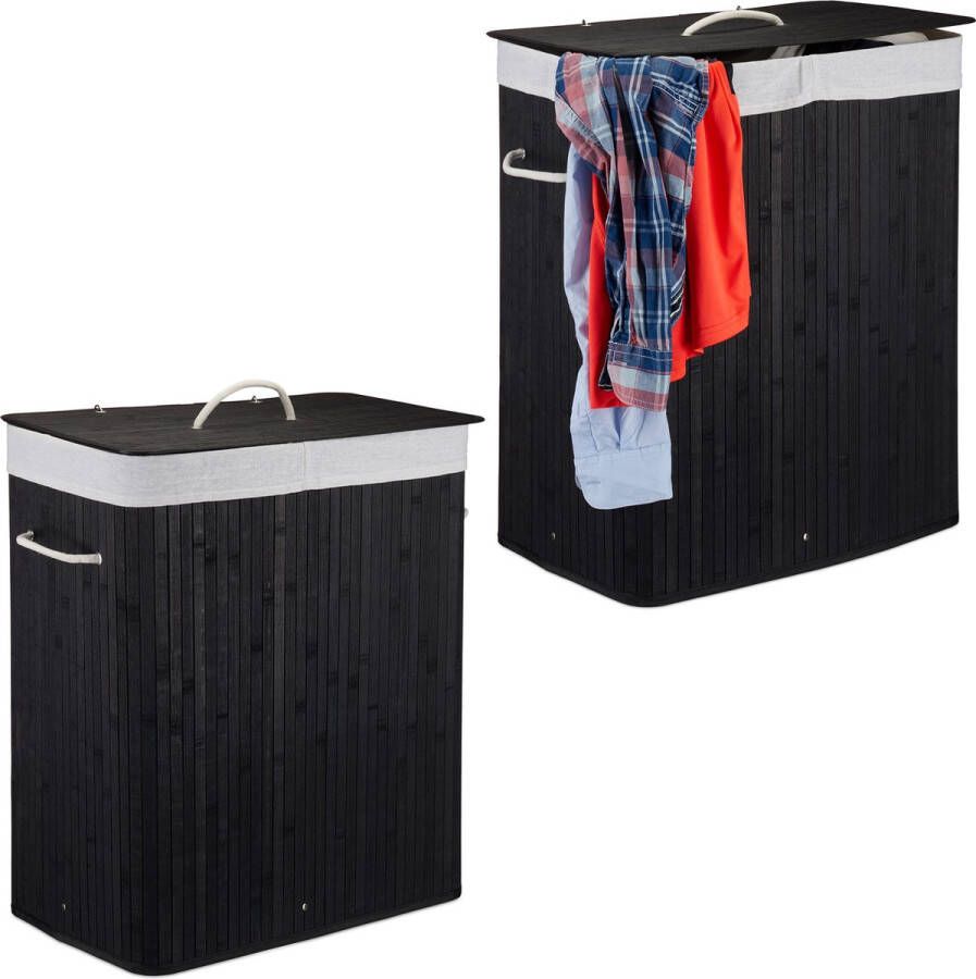 Relaxdays 2x wasmand 2 vakken bamboe wasbox zwart 95 liter opvouwbaar met deksel
