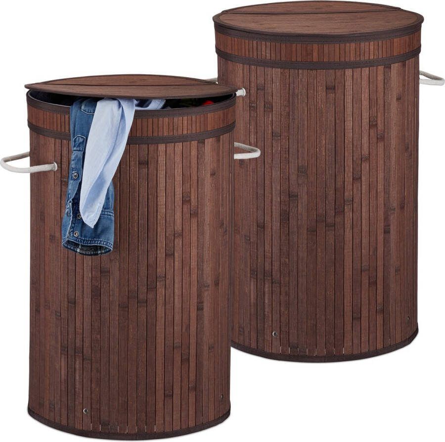 Relaxdays 2x wasmand bamboe ronde wasbox met deksel 63 x 40 cm 65 liter bruin