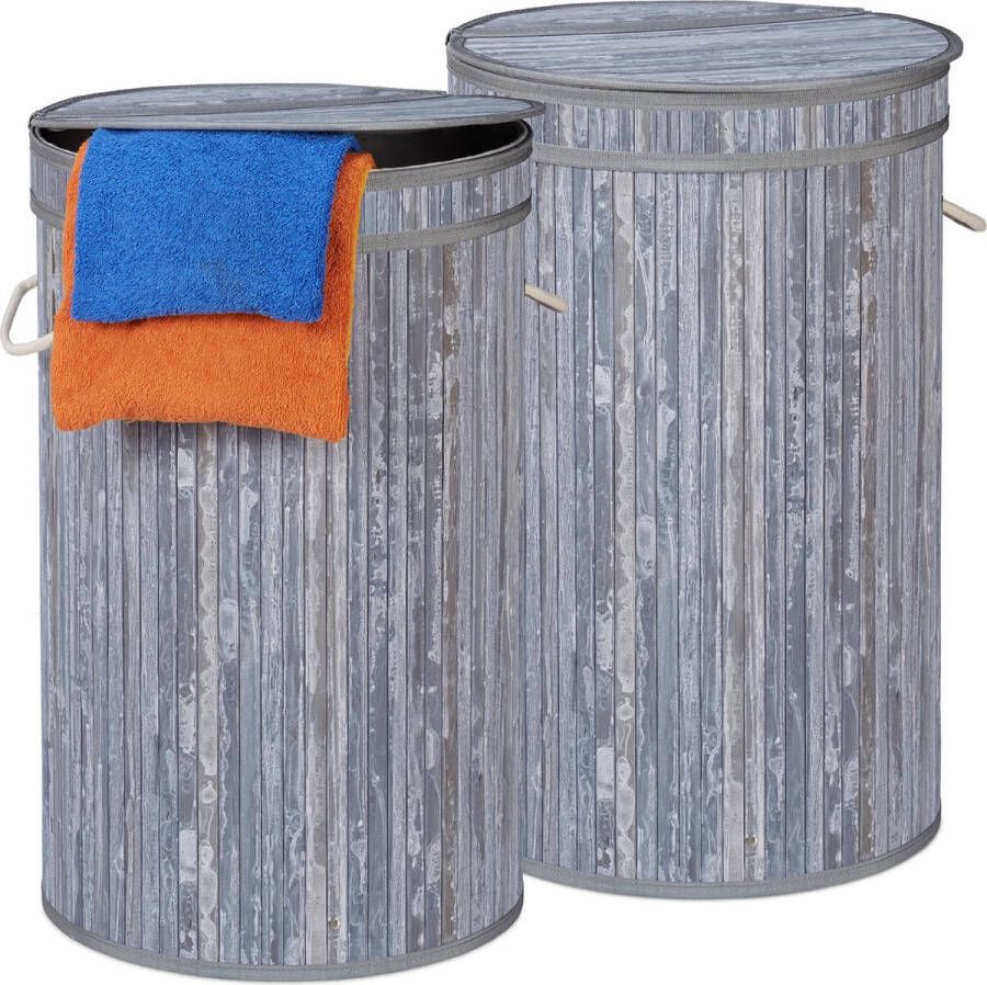 Relaxdays 2x wasmand bamboe ronde wasbox met deksel 63 x 40 cm 65 liter grijs