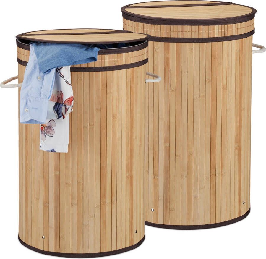 Relaxdays 2x wasmand bamboe ronde wasbox met deksel 63 x 40 cm 65 liter natuur