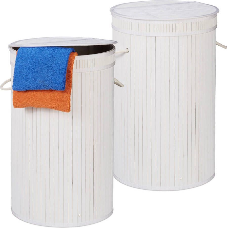 Relaxdays 2x wasmand bamboe ronde wasbox met deksel 63 x 40 cm 65 liter wit