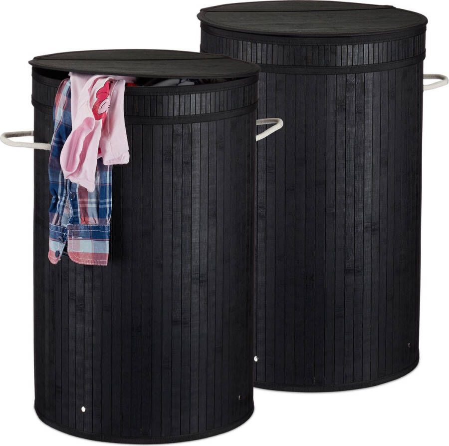 Relaxdays 2x wasmand bamboe ronde wasbox met deksel 63 x 40 cm 65 liter zwart