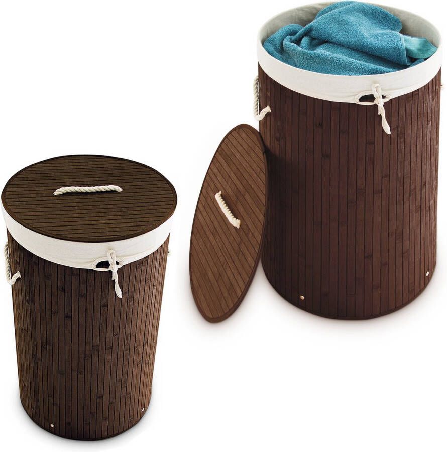 Relaxdays 2x wasmand bamboe wasbox met deksel 70 liter rond 65 x 41 cm bruin