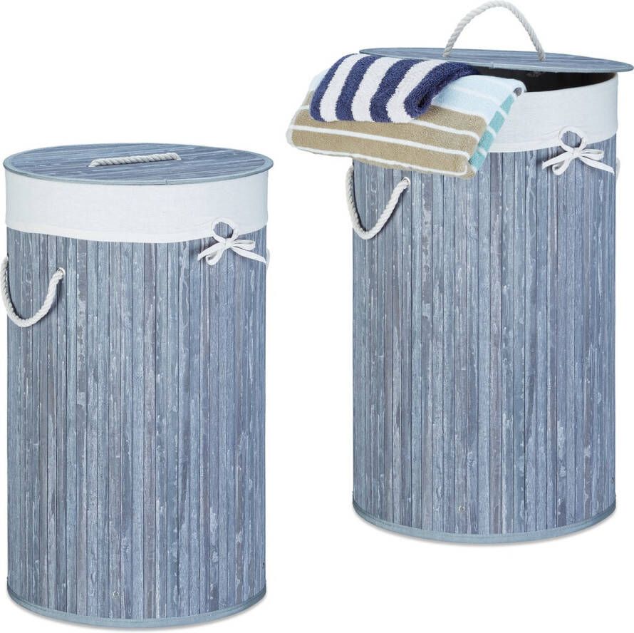 Relaxdays 2x wasmand bamboe wasbox met deksel 70 liter rond 65 x 41 cm grijs