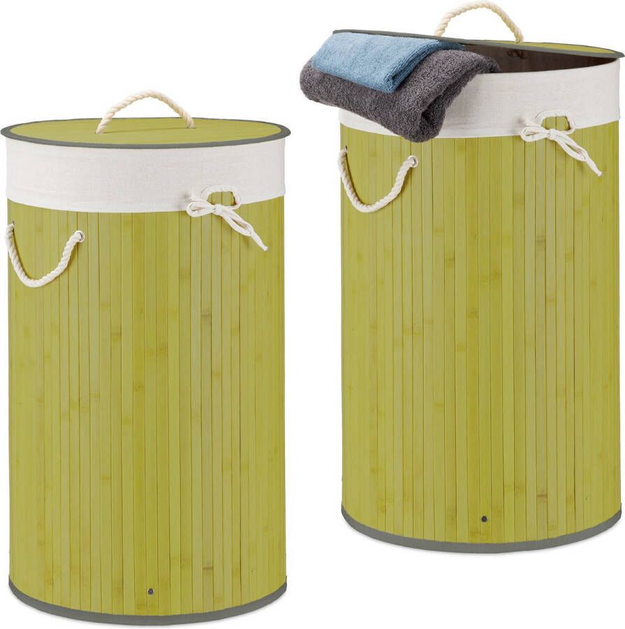 Relaxdays 2x wasmand bamboe wasbox met deksel 70 liter rond 65 x 41 cm groen