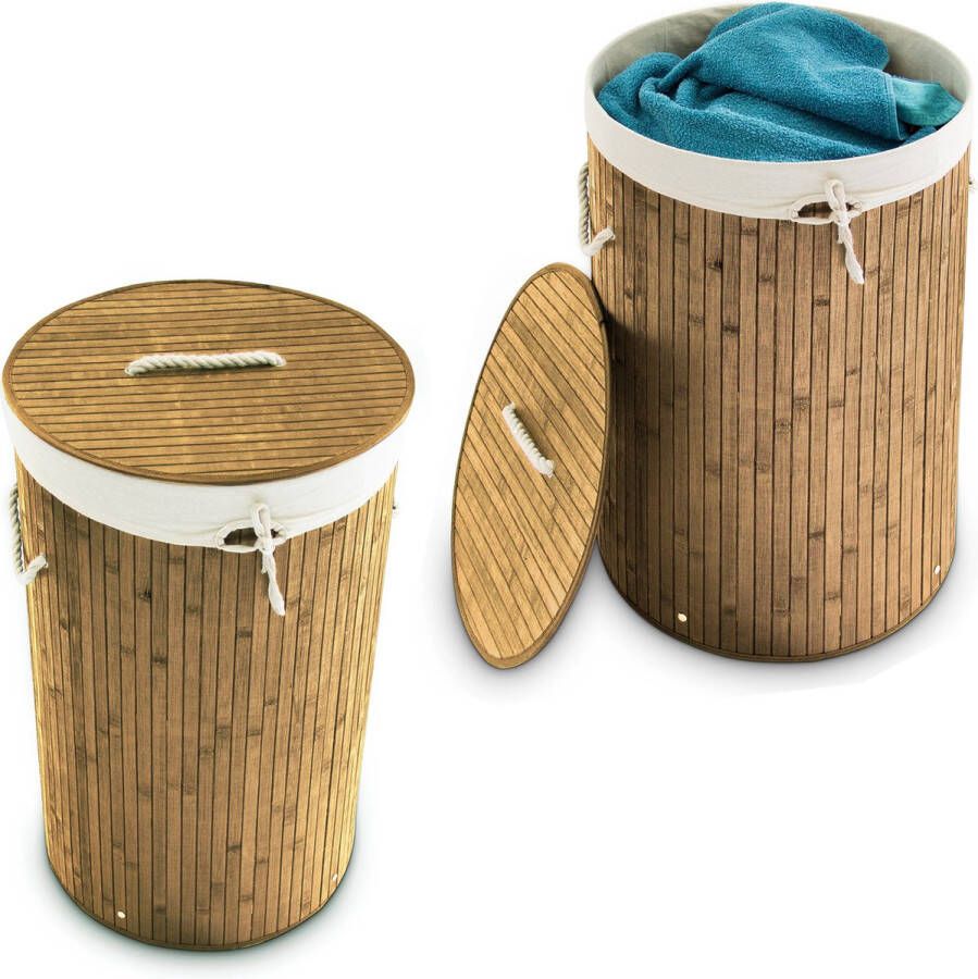 Relaxdays 2x wasmand bamboe wasbox met deksel 70 liter rond 65 x 41 cm natuur