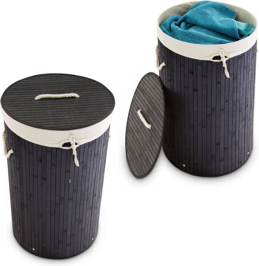 Relaxdays 2x wasmand bamboe wasbox met deksel 70 liter rond 65 x 41 cm zwart