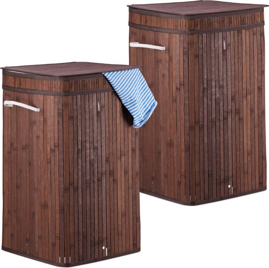 Relaxdays 2x wasmand bamboe wasbox opvouwbaar 70L vierkant 63x36x36 cm bruin