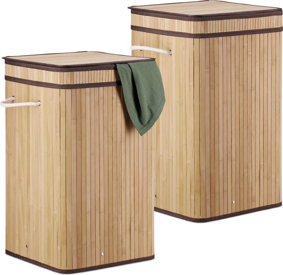 Relaxdays 2x wasmand bamboe wasbox opvouwbaar 70L vierkant 63x36x36 cm natuur