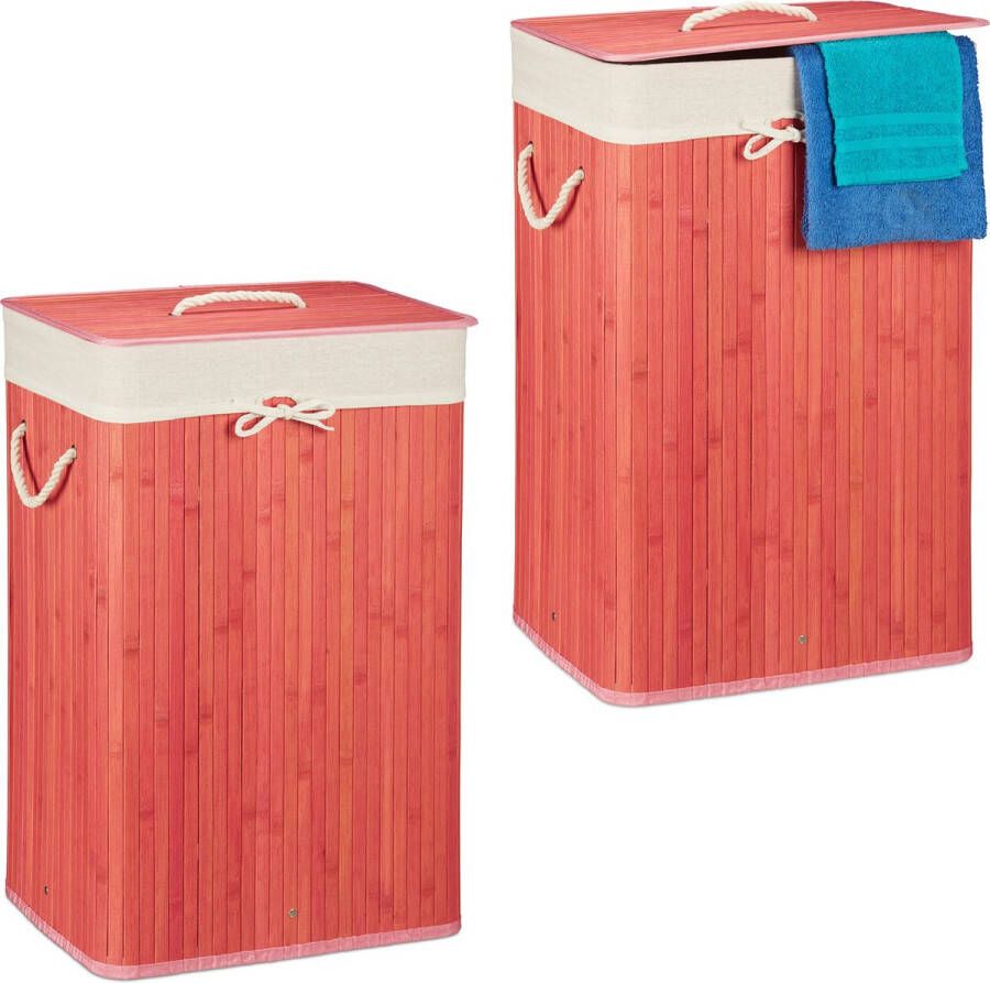 Relaxdays 2x wasmand bamboe wasbox opvouwbaar 80 L 65 5 x 43 5 x 33 5 cm roze