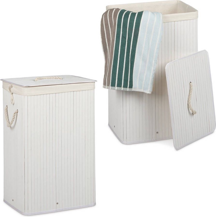 Relaxdays 2x wasmand bamboe wasbox opvouwbaar 80 L 65 5 x 43 5 x 33 5 cm wit