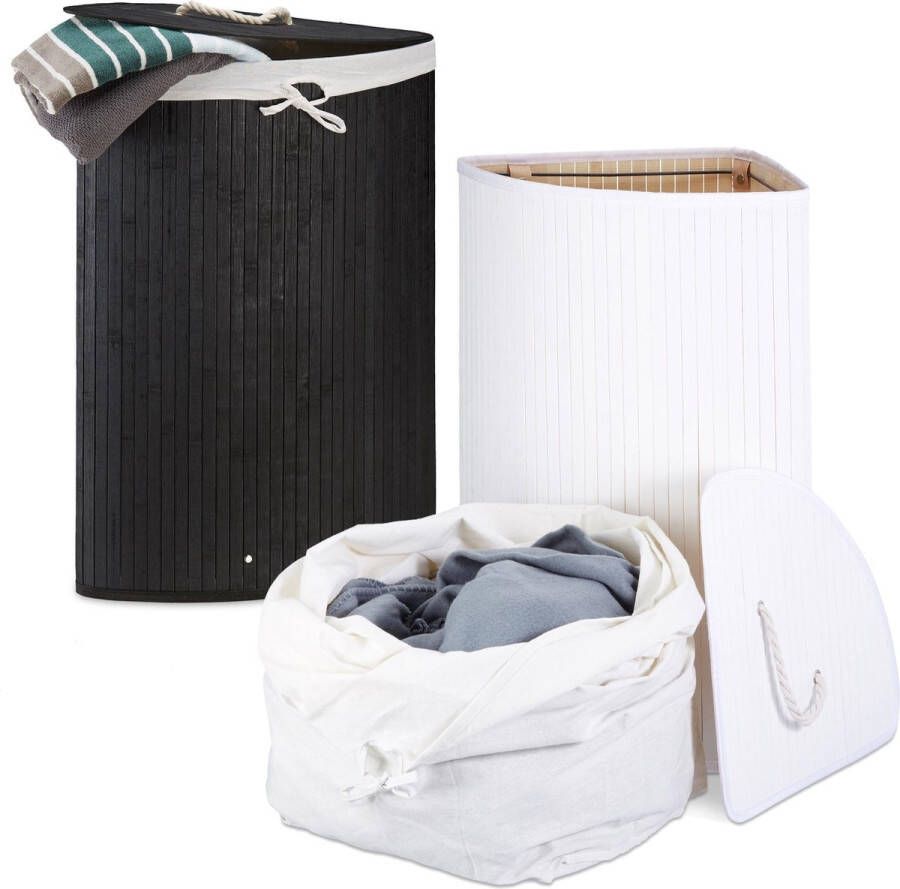 Relaxdays 2x wasmand bamboe wasmanden met deksel driehoek 60 L wit zwart