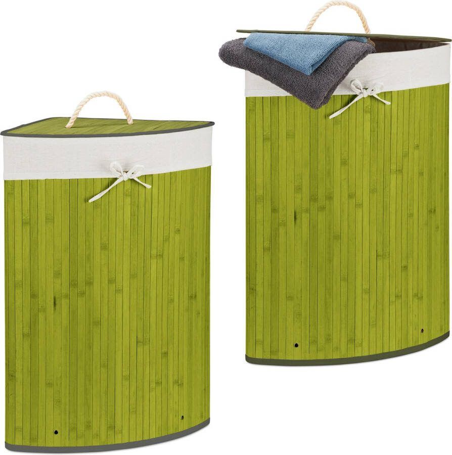 Relaxdays 2x wasmand hoekmodel bamboe 60 liter deksel hoekwasmand waszak groen