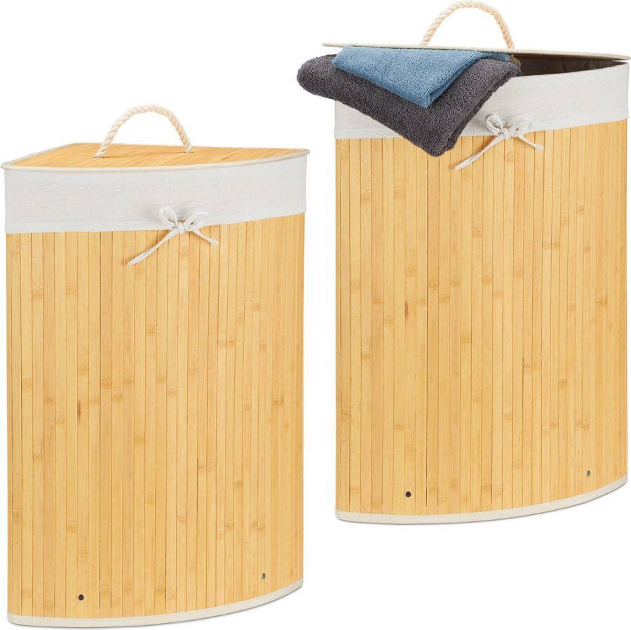 Relaxdays 2x wasmand hoekmodel bamboe 60 liter deksel wasbox driehoekig crème