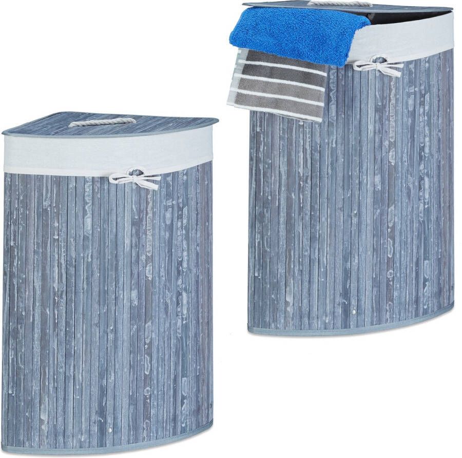 Relaxdays 2x wasmand hoekmodel bamboe 60 liter deksel wasbox driehoekig grijs